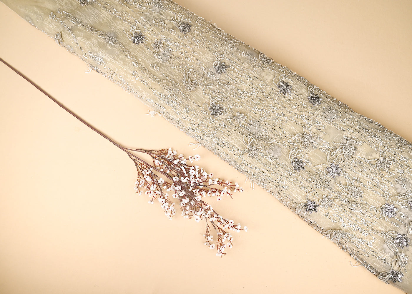 Golden Organza Satin Fabric With All Over Zari, Sequins, Katdana, Bead And Pearl With 3D Work 21970