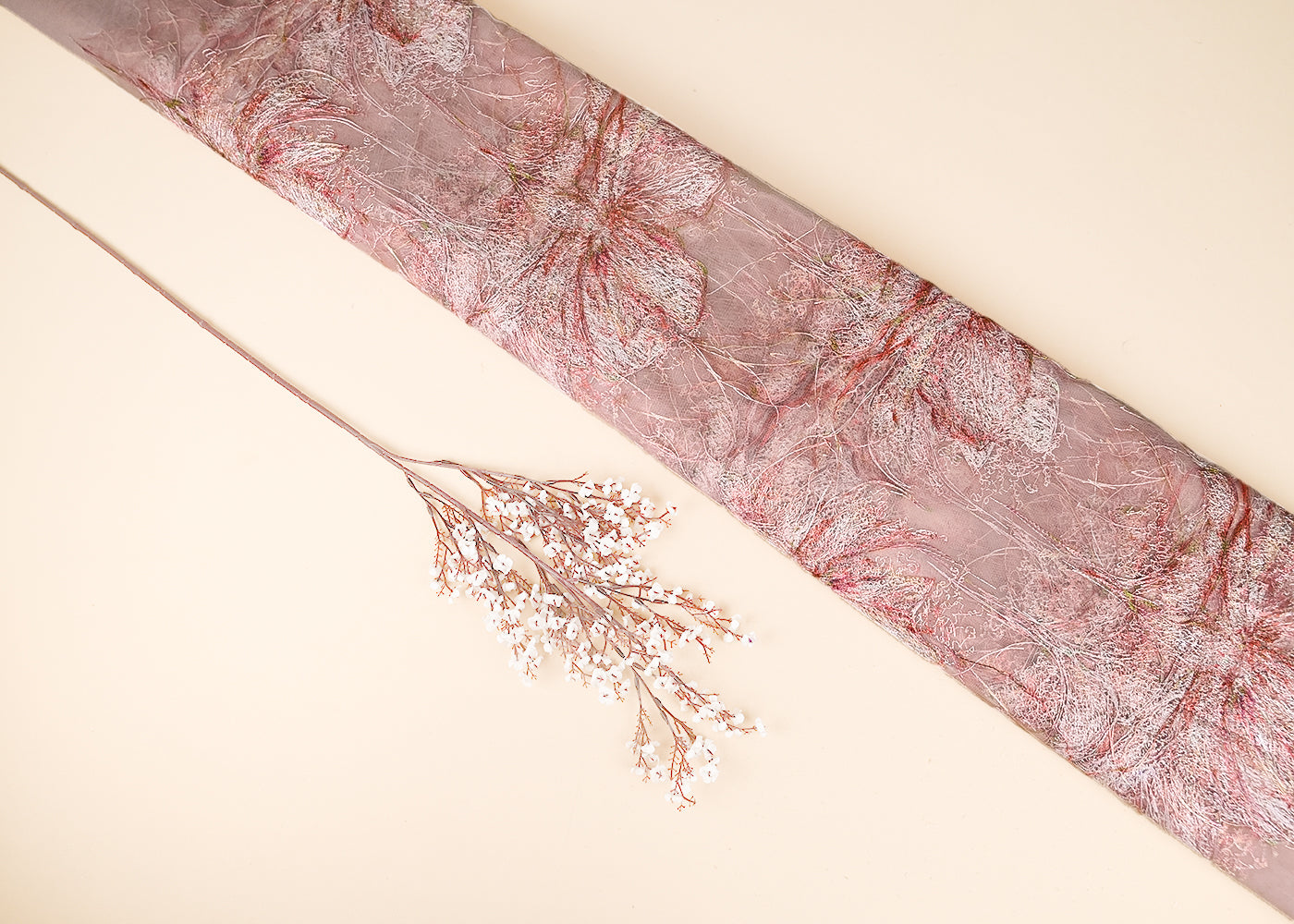 Pink Imported Net Fabric With All Over Floral Thread Work 21971