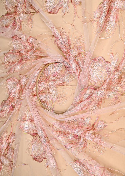 Peach Imported Net Fabric With All Over Floral Thread Work 21971
