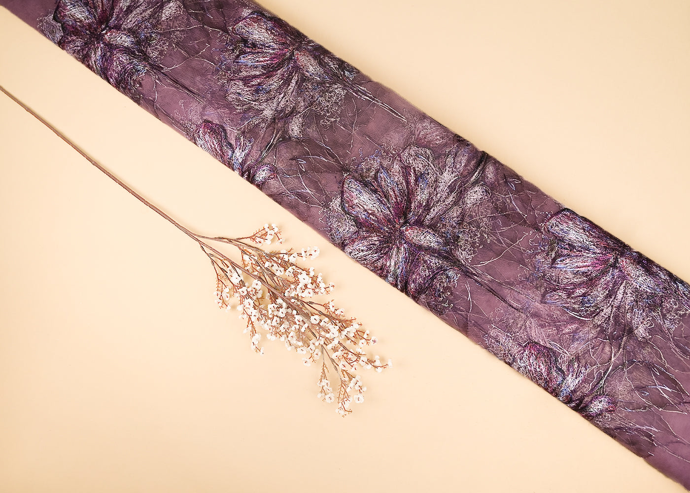 Onion Pink Imported Net Fabric With All Over Floral Thread Work 21972