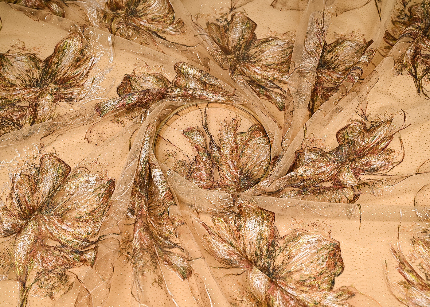 Mustard Imported Net Fabric With All Over Floral Thread Work 21973