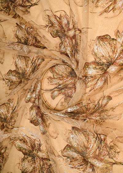 Golden Imported Net Fabric With All Over Floral Thread Work 21973