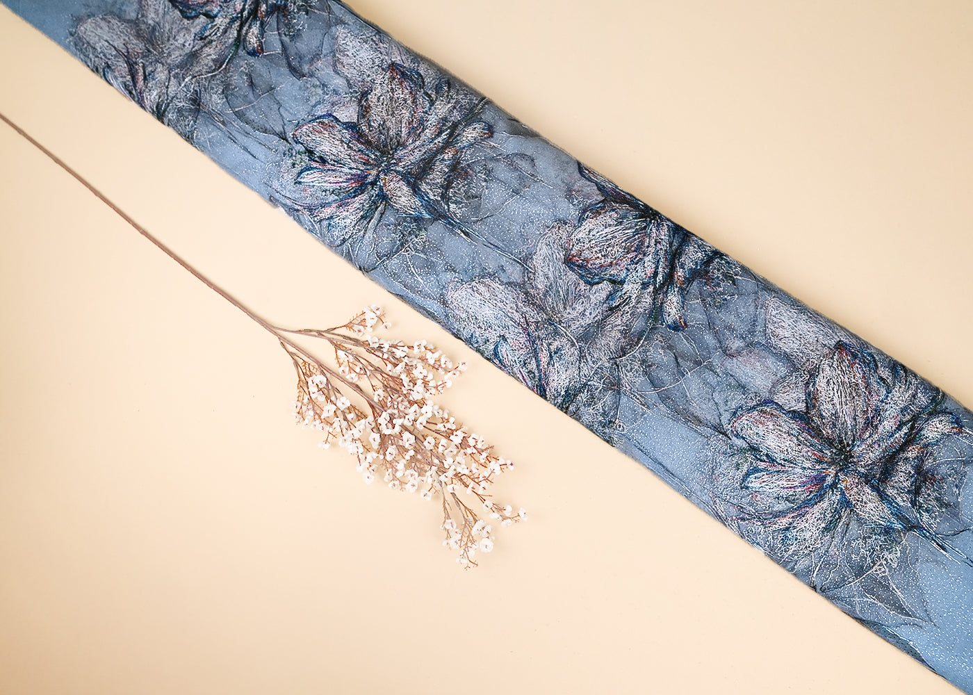 Blue Imported Net Fabric With All Over Floral Thread Work 21974