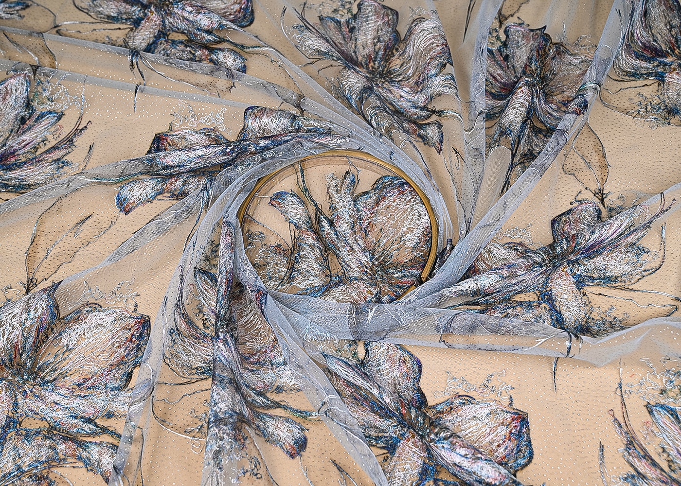 Blue Imported Net Fabric With All Over Floral Thread Work 21974