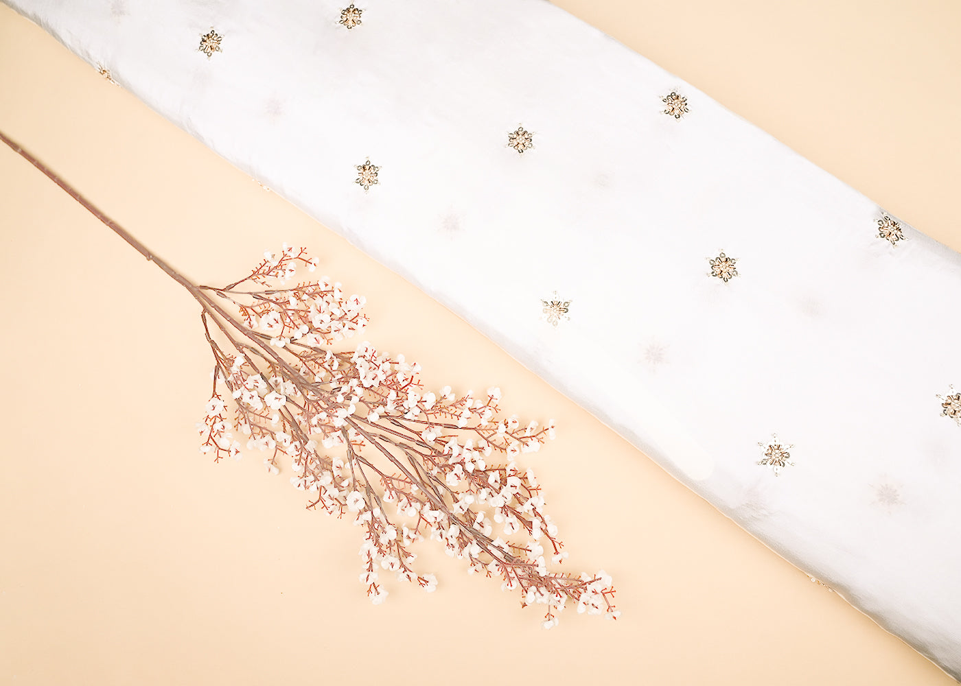 White Dyeable Crepe Fabric With All Over Buti Of Zari, Sequins, Katdana And Bead Work 21989