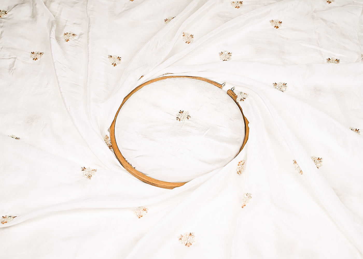 White Dyeable Crepe Fabric With All Over Buti Of Zari, Sequins, Katdana And Bead Work 21990