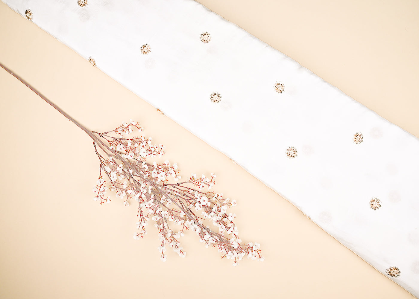 White Dyeable Crepe Fabric With All Over Buti Of Zari, Sequins And Katdana Work 21991