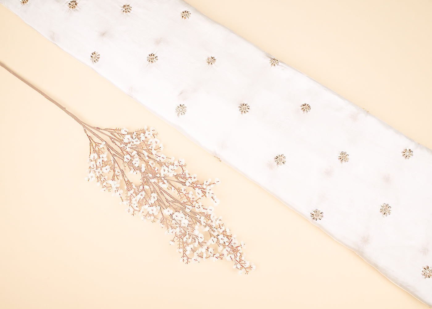 White Dyeable Crepe Fabric With All Over Buti Of Zari, Sequins, Katdana And Bead Work 21992