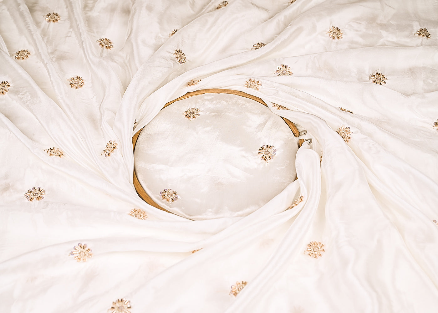 White Dyeable Crepe Fabric With All Over Buti Of Zari, Sequins, Katdana And Bead Work 21992