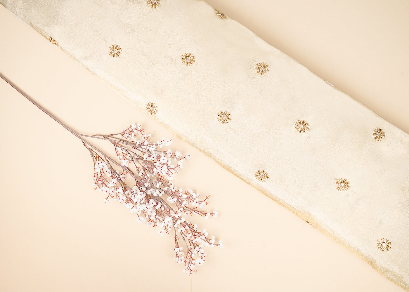 Golden Dyeable Tissue Fabric With All Over Buti Of Sequin, Katdana And Bead Work 21995