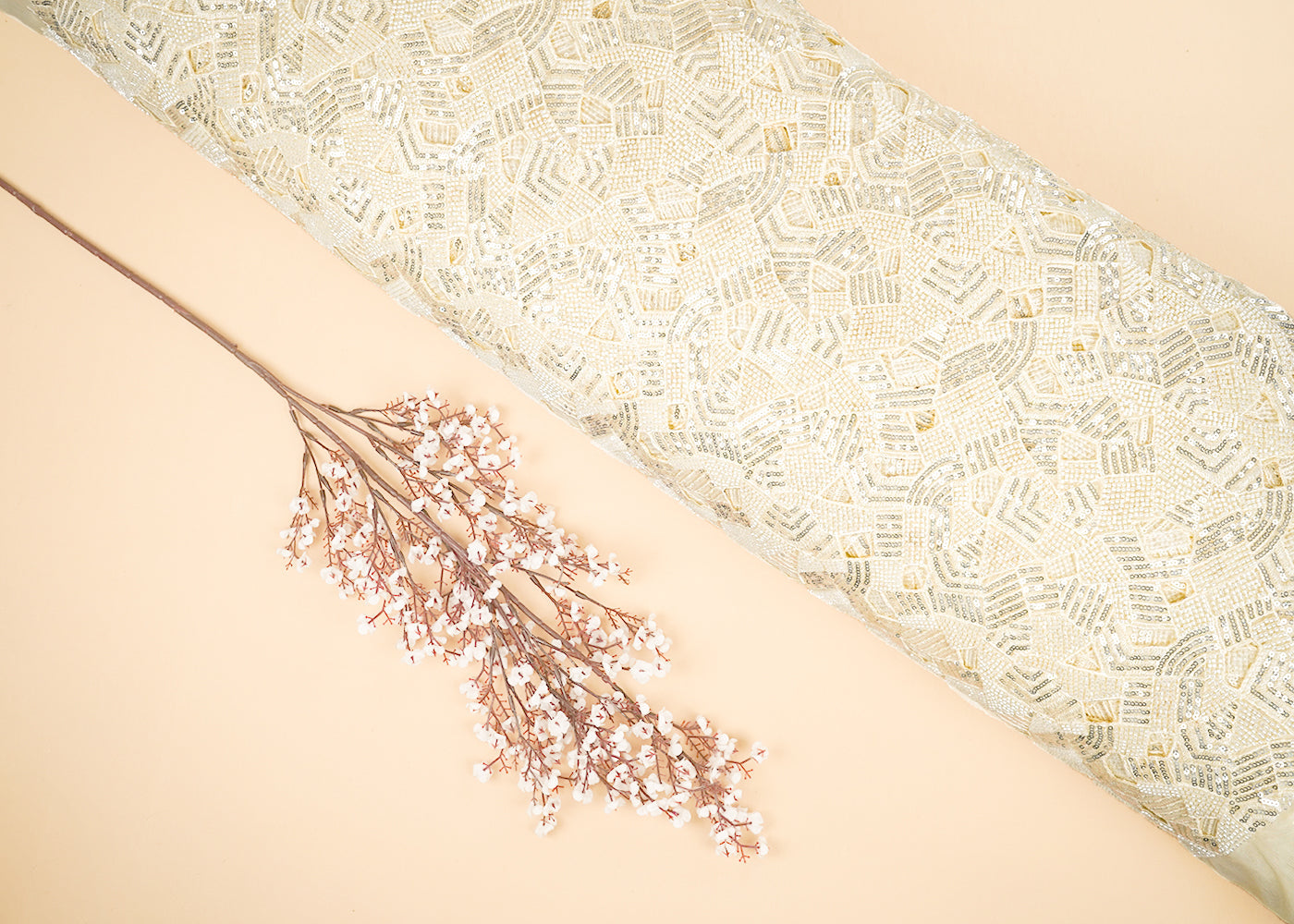 Cream Imported Net Fabric With All Over Sequins, Bead And Cutwork 21997