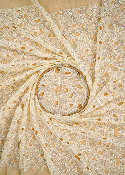 Cream Imported Net Fabric With All Over Sequins, Bead And Cutwork 21997