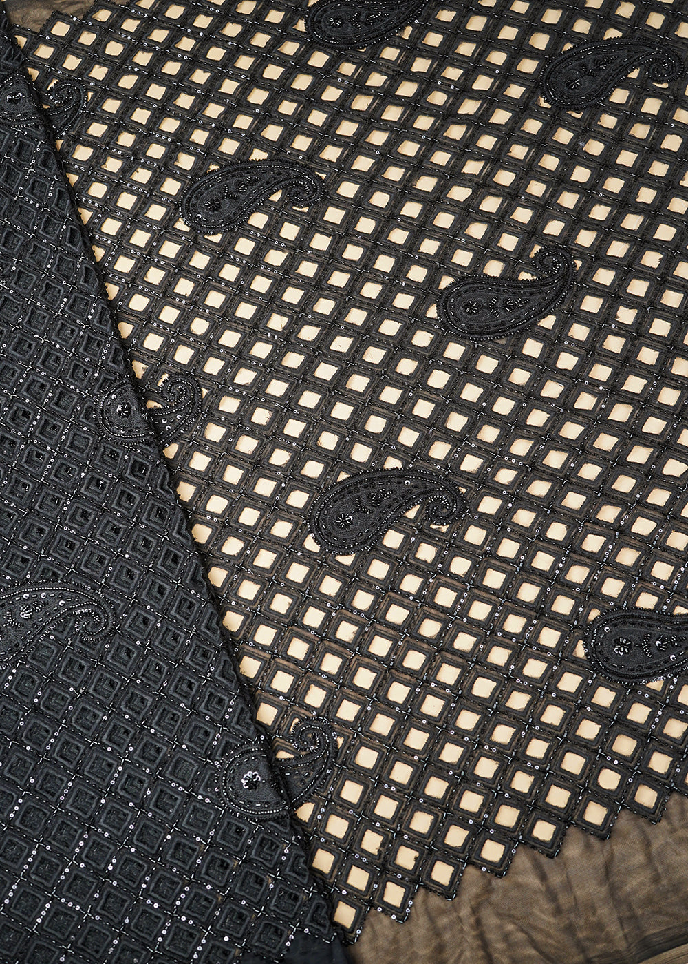 Black Imported Net Fabric With All Over Sequins, Bead, Katdana And Cutwork 21998