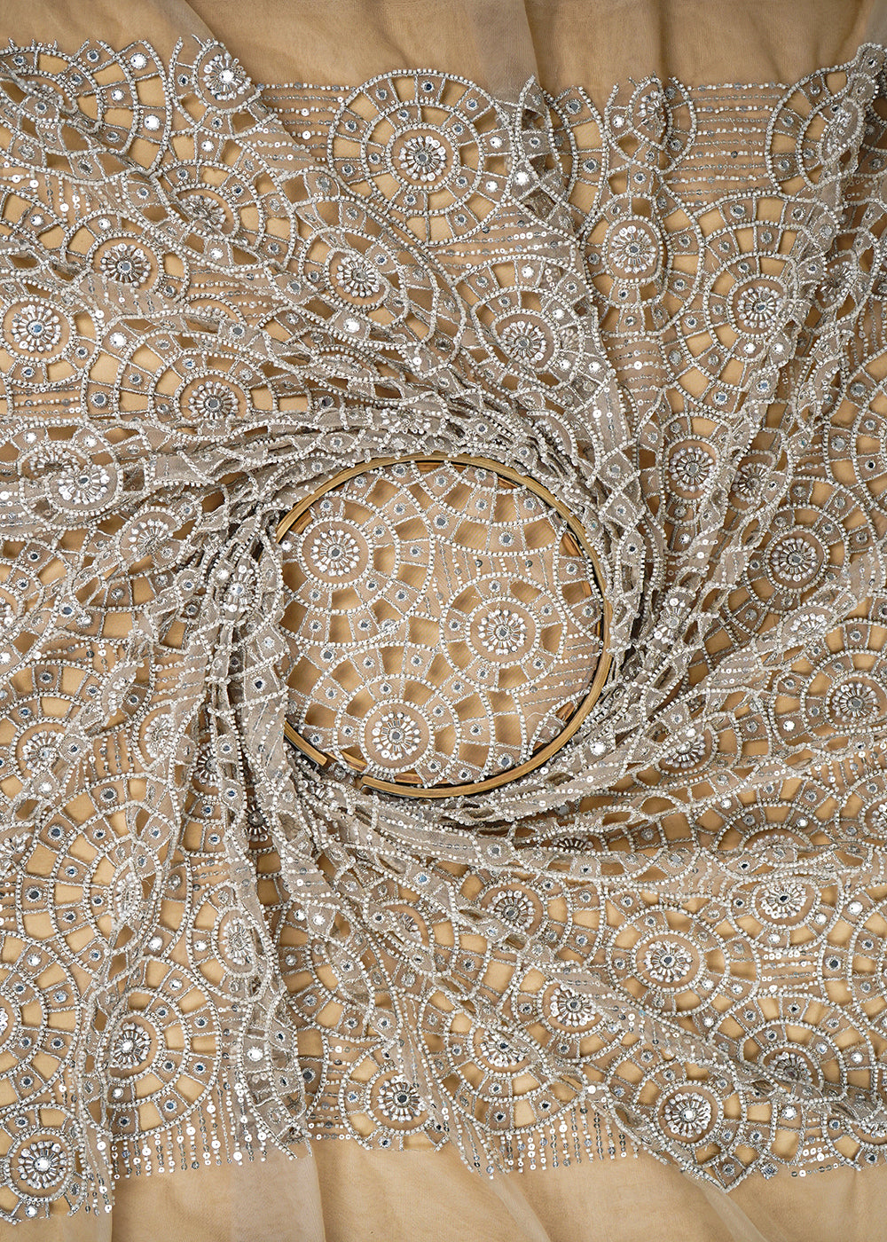 Golden Imported Net Fabric With All Over Zari, Bead, Faux Mirror, Katdana And Cutwork 21999