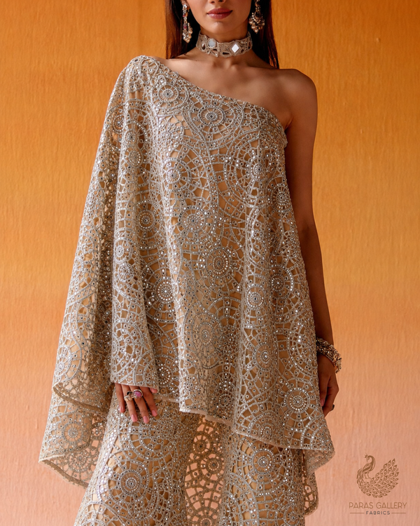 Golden Imported Net Fabric With All Over Zari, Bead, Faux Mirror, Katdana And Cutwork 21999