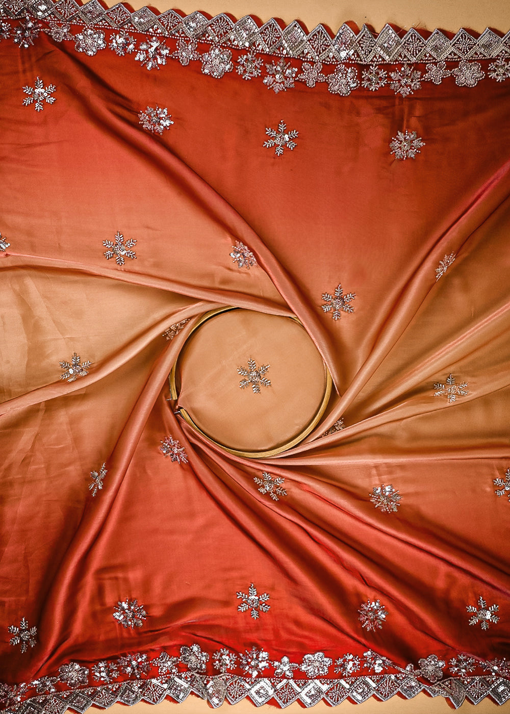 Wine Organza Satin Fabric With All Over Ombre Shade, Bead And Sequins Work With Border 22000