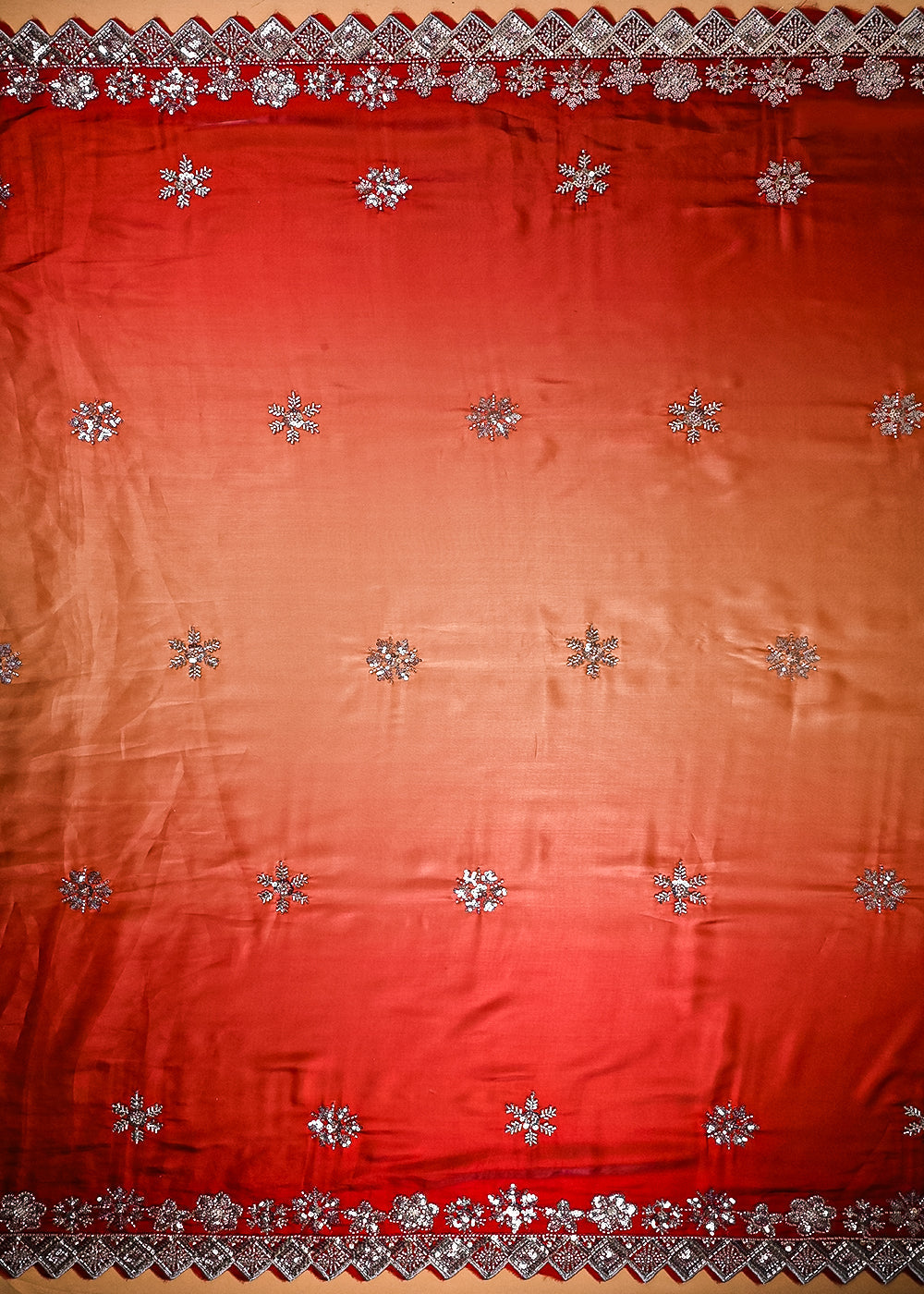 Wine Organza Satin Fabric With All Over Ombre Shade, Bead And Sequins Work With Border 22000