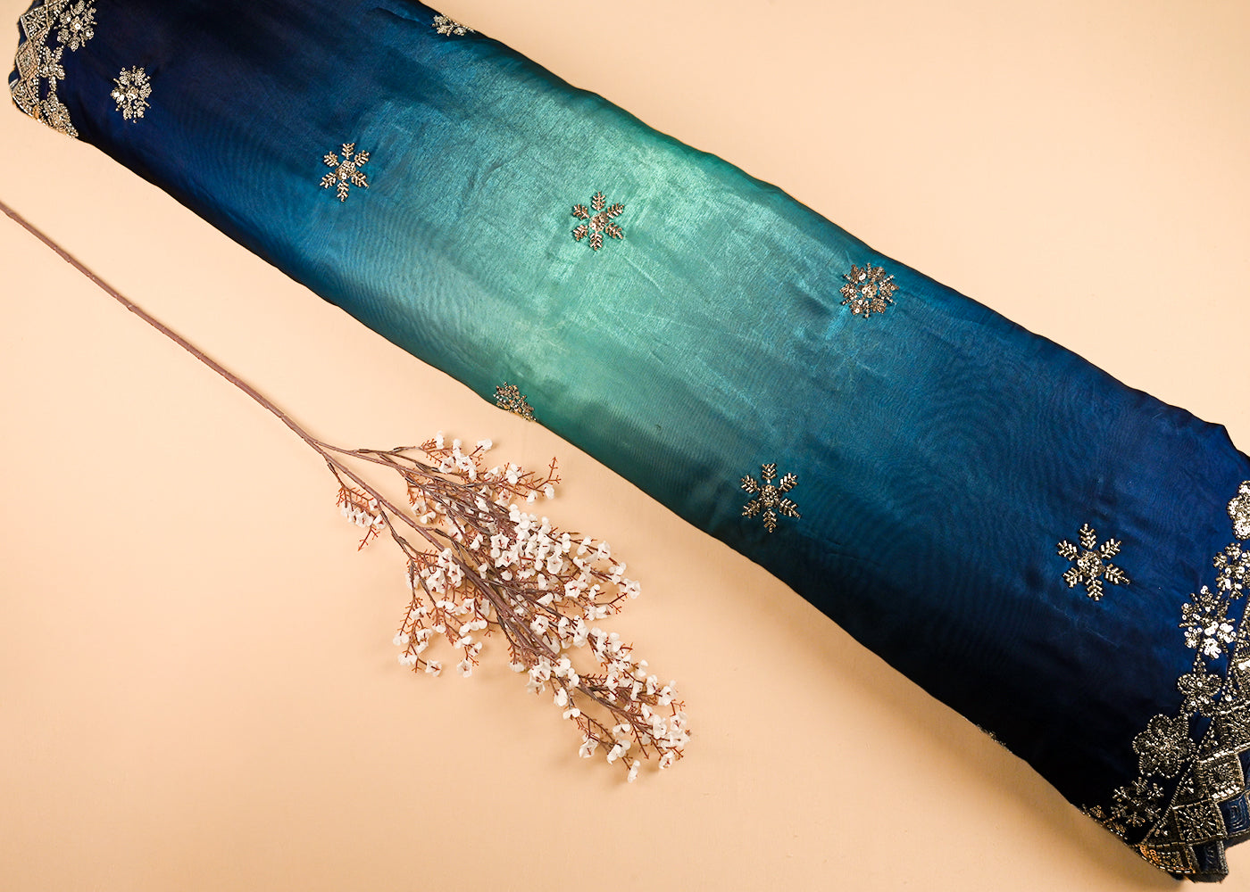 Royal Blue Organza Satin Fabric With All Over Ombre Shade, Bead And Sequins Work With Border 22001