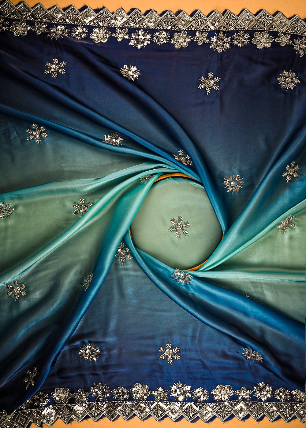 Royal Blue Organza Satin Fabric With All Over Ombre Shade, Bead And Sequins Work With Border 22001