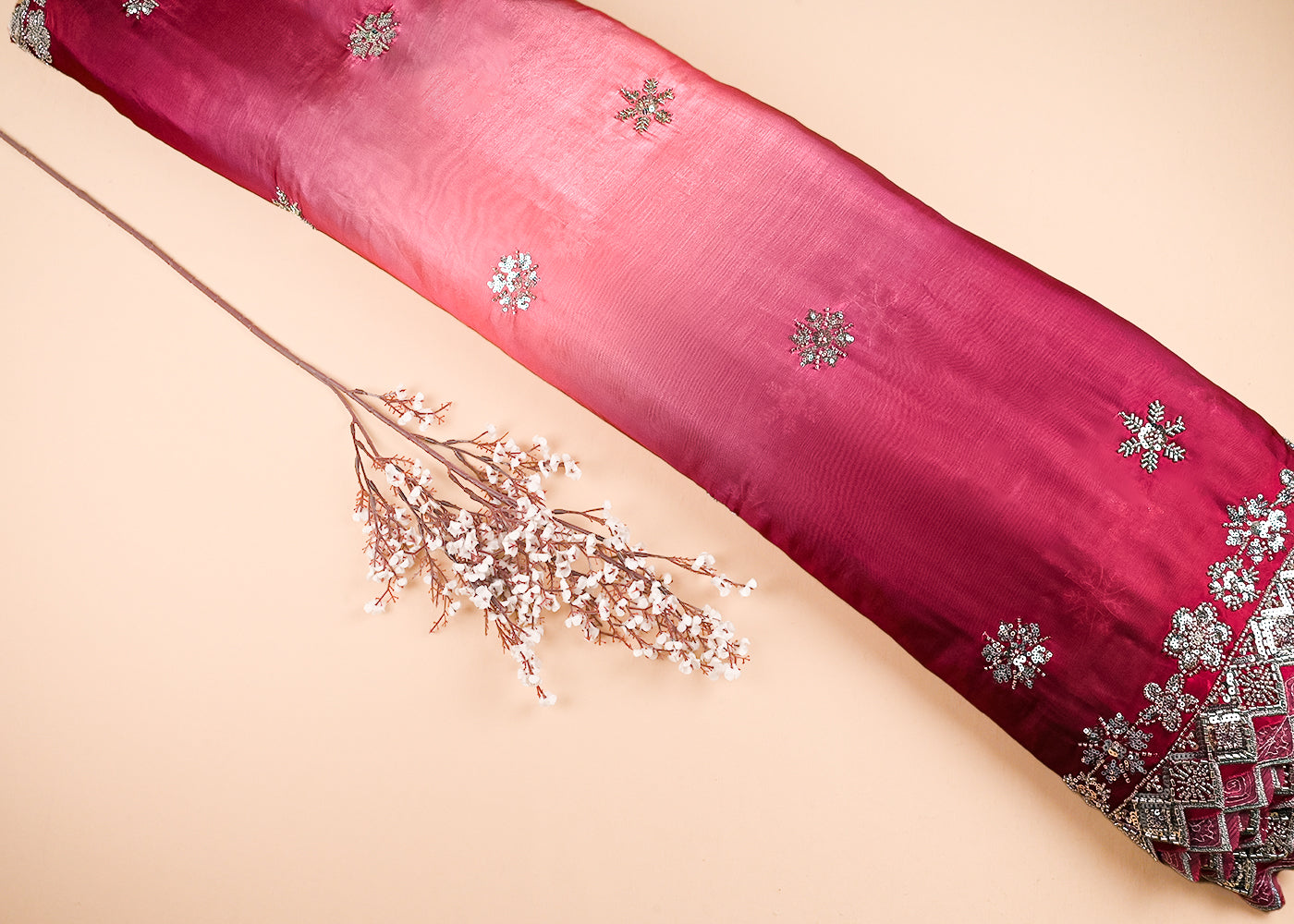 Pink Organza Satin Fabric With All Over Ombre Shade, Bead And Sequins Work With Border 22002