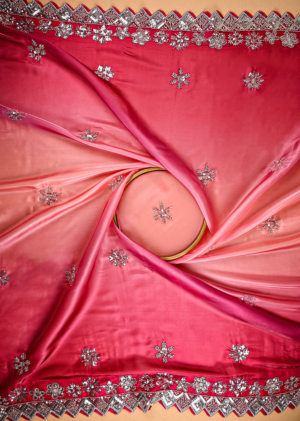 Pink Organza Satin Fabric With All Over Ombre Shade, Bead And Sequins Work With Border 22002