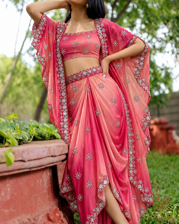 Pink Organza Satin Fabric With All Over Ombre Shade, Bead And Sequins Work With Border 22002