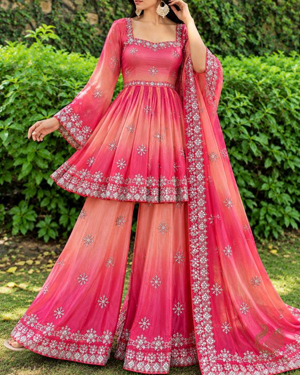 Pink Organza Satin Fabric With All Over Ombre Shade, Bead And Sequins Work With Border 22002