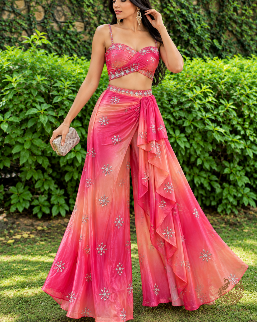 Pink Organza Satin Fabric With All Over Ombre Shade, Bead And Sequins Work With Border 22002