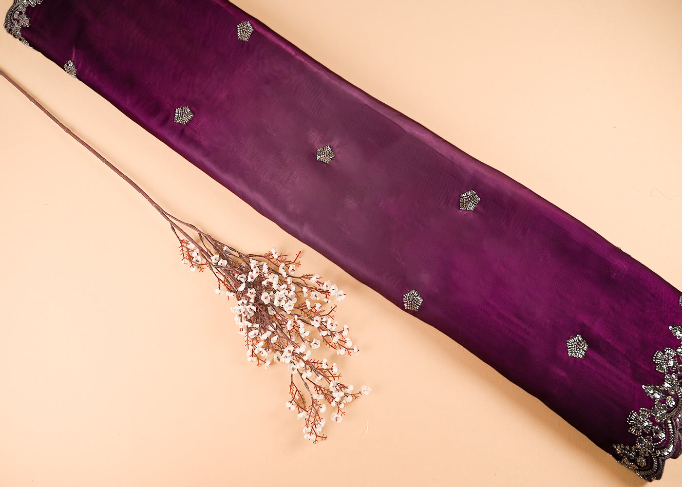 Purple Organza Satin Fabric With All Over Bead, Sequins, Zari And Ombre Shade With Two Side Scalloped Borders 22003