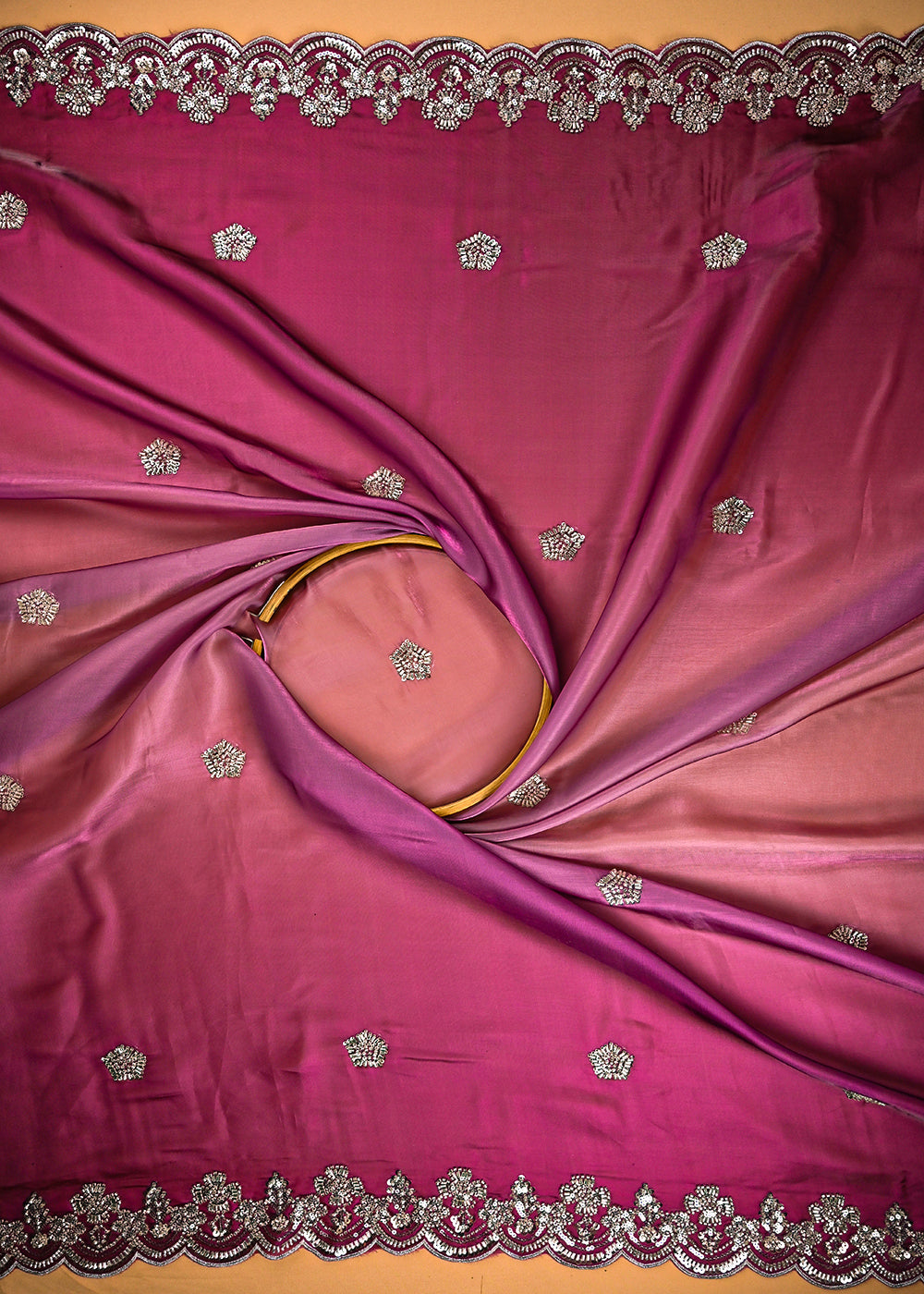 Purple Organza Satin Fabric With All Over Bead, Sequins, Zari And Ombre Shade With Two Side Scalloped Borders 22003