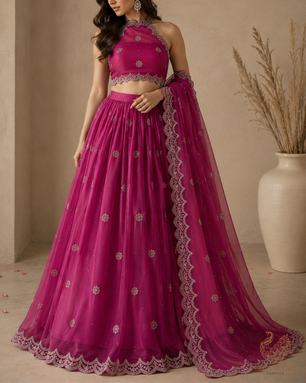 Purple Organza Satin Fabric With All Over Bead, Sequins, Zari And Ombre Shade With Two Side Scalloped Borders 22003