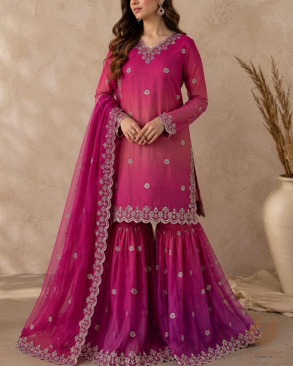 Purple Organza Satin Fabric With All Over Bead, Sequins, Zari And Ombre Shade With Two Side Scalloped Borders 22003