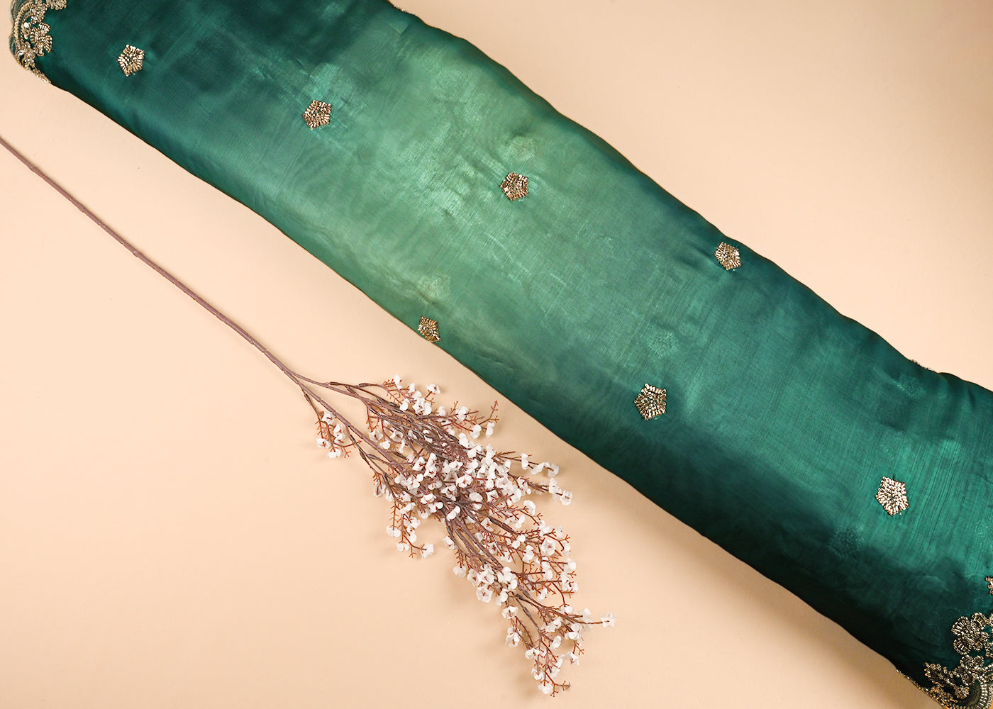 Green Organza Satin Fabric With All Over Ombre Shade, Bead And Sequins Work With Border 22004