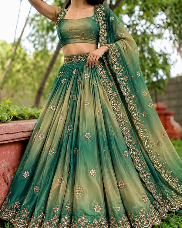 Green Organza Satin Fabric With All Over Ombre Shade, Bead And Sequins Work With Border 22004