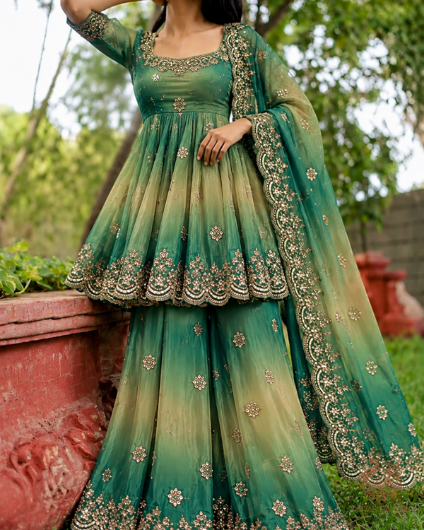 Green Organza Satin Fabric With All Over Ombre Shade, Bead And Sequins Work With Border 22004