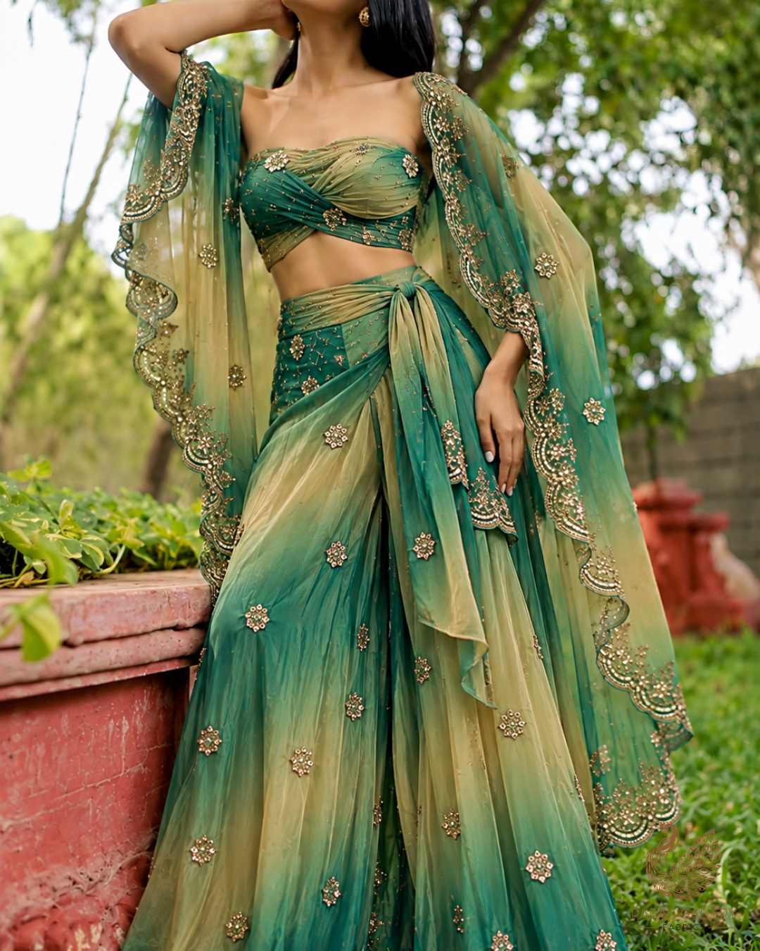 Green Organza Satin Fabric With All Over Ombre Shade, Bead And Sequins Work With Border 22004