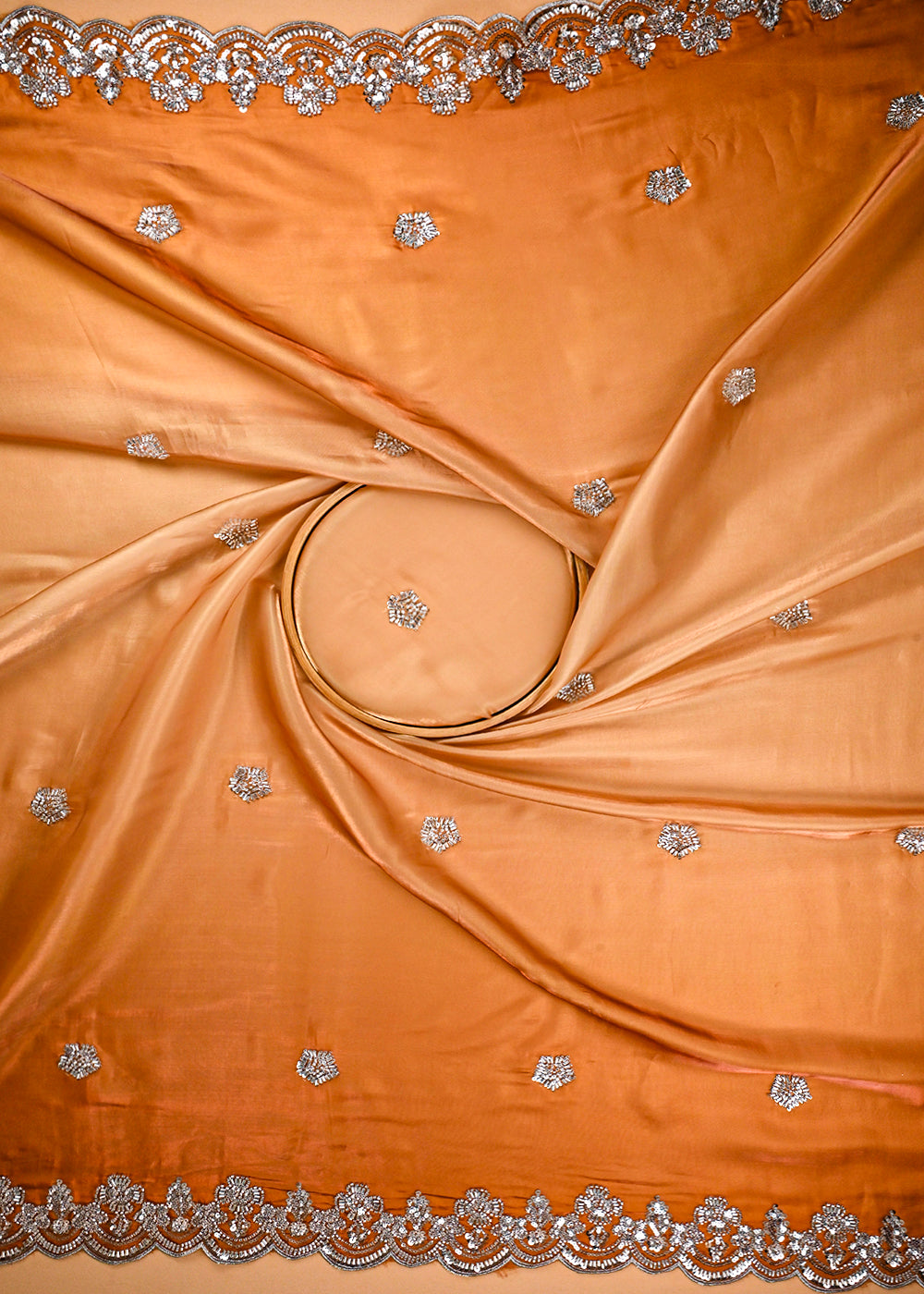 Golden Organza Satin Fabric With All Over Bead, Sequins, Zari And Ombre Shade With Two Side Scalloped Borders 22005