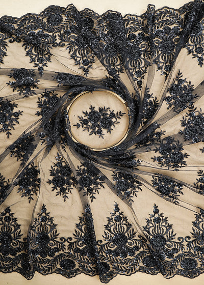Black Imported Net Fabric With All Over Katdana, Sequins And Bead Handwork With Scalloped Border 22006