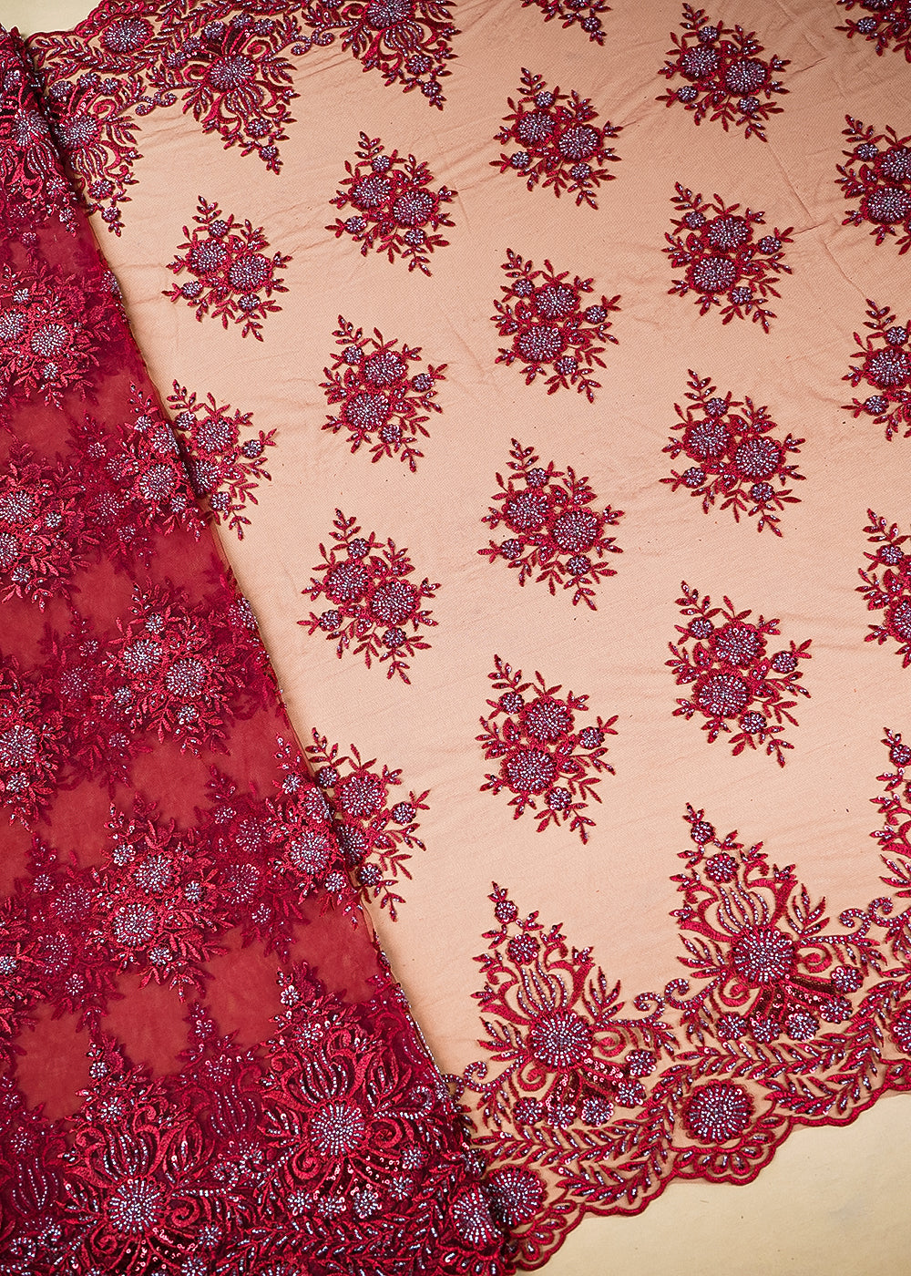 Maroon Imported Net Fabric With All Over Katdana, Sequins And Bead Handwork With Scalloped Border 22007