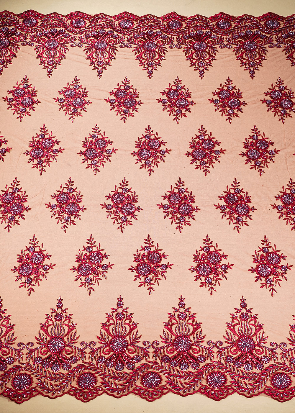 Maroon Imported Net Fabric With All Over Katdana, Sequins And Bead Handwork With Scalloped Border 22007