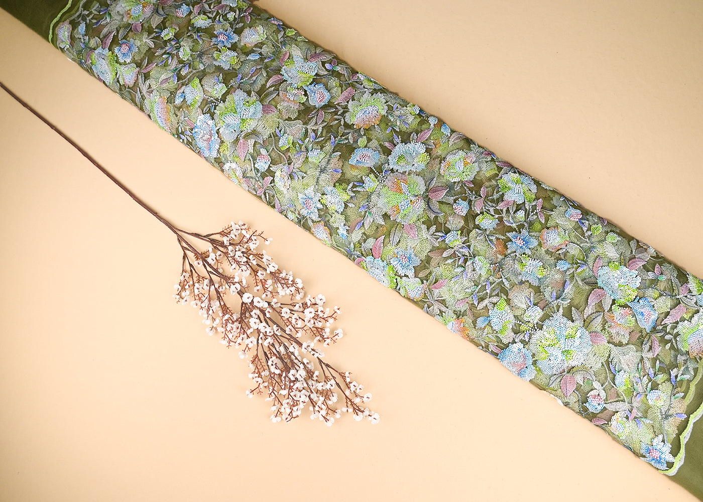 Mehendi Green Imported Net Fabric With All Over Sequins And Bead Work With Both Side Scaloped Edges 22009