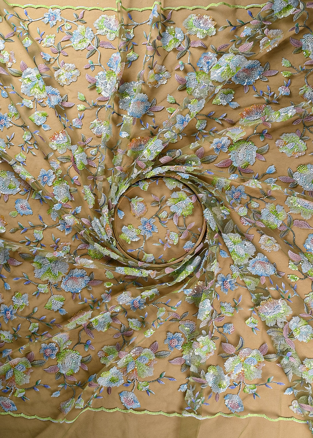 Mehendi Green Imported Net Fabric With All Over Sequins And Bead Work With Both Side Scaloped Edges 22009