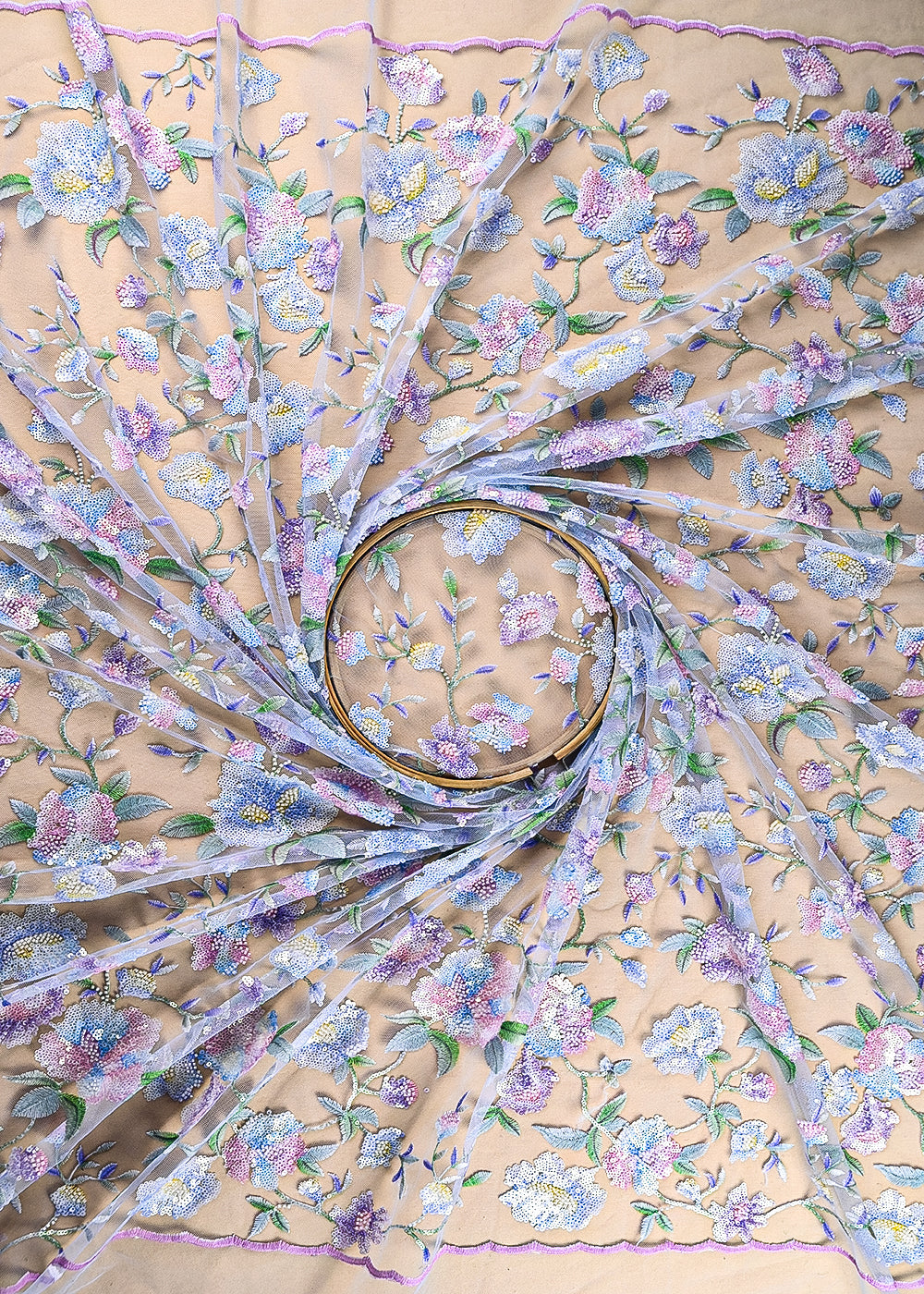 Blue Imported Net Fabric With All Over Sequins And Bead Work With Both Side Scaloped Edges 22011