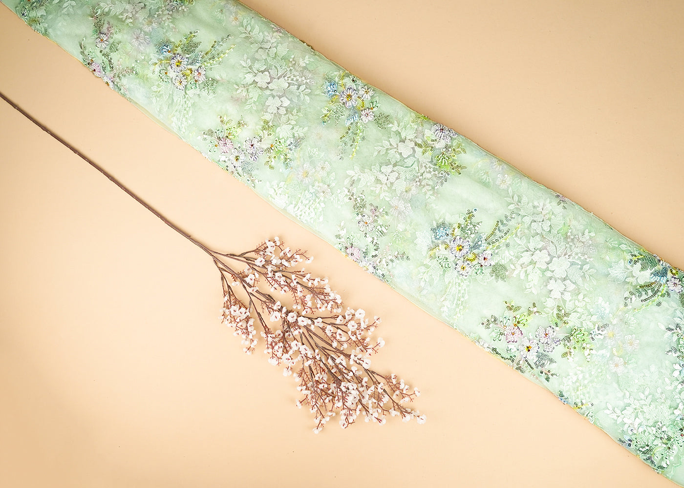 Light Green Imported Net Fabric With All Over Sequins And Bead Work With Both Side Scaloped Edges 22012