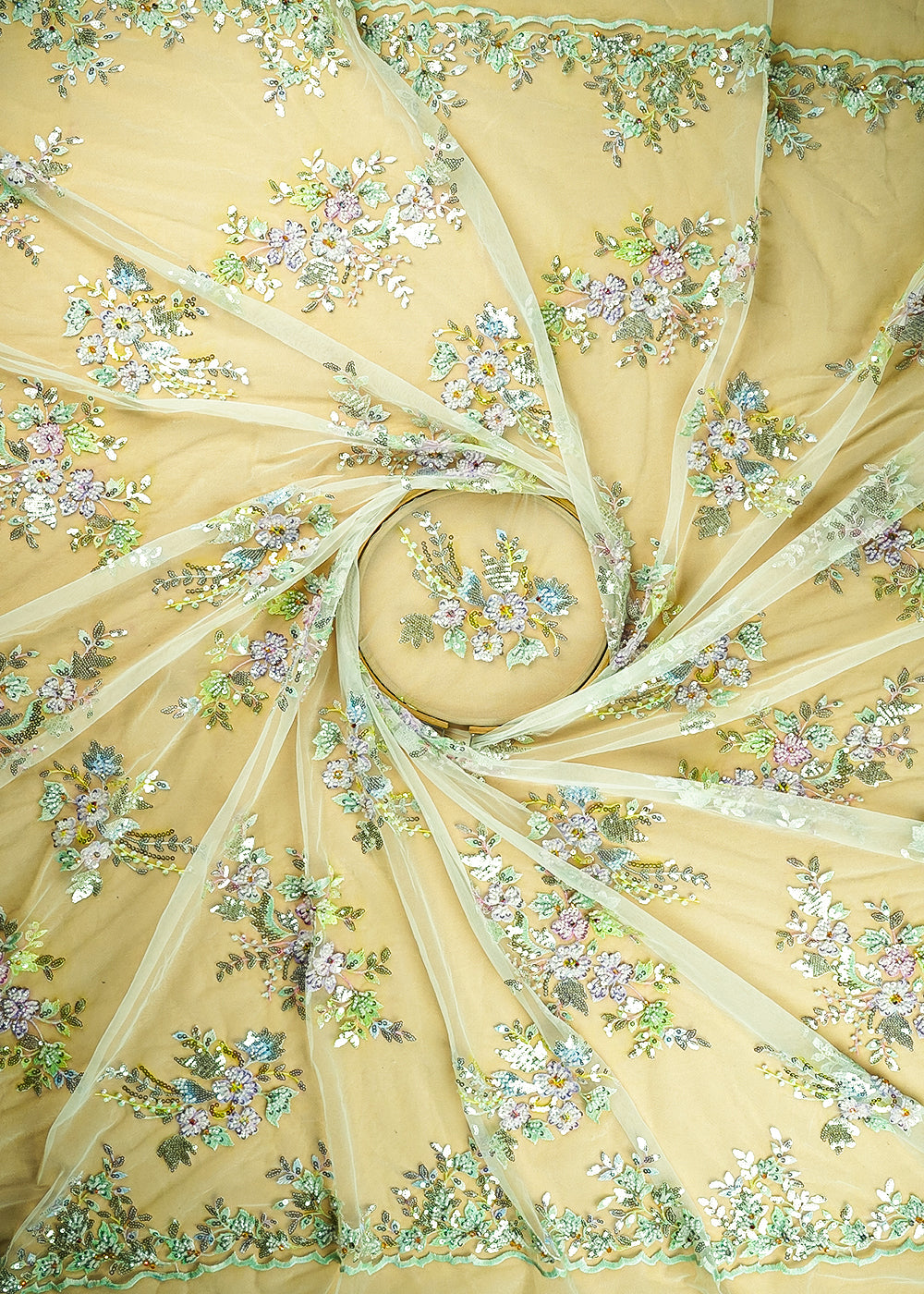 Light Green Imported Net Fabric With All Over Sequins And Bead Work With Both Side Scaloped Edges 22012