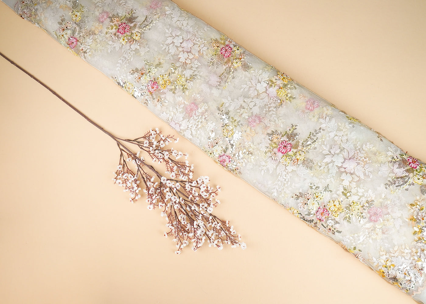 Off White Imported Net Fabric With All Over Sequins And Bead Work With Both Side Scaloped Edges 22013