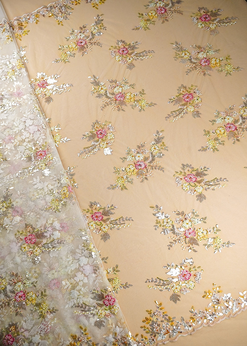 Off White Imported Net Fabric With All Over Sequins And Bead Work With Both Side Scaloped Edges 22013