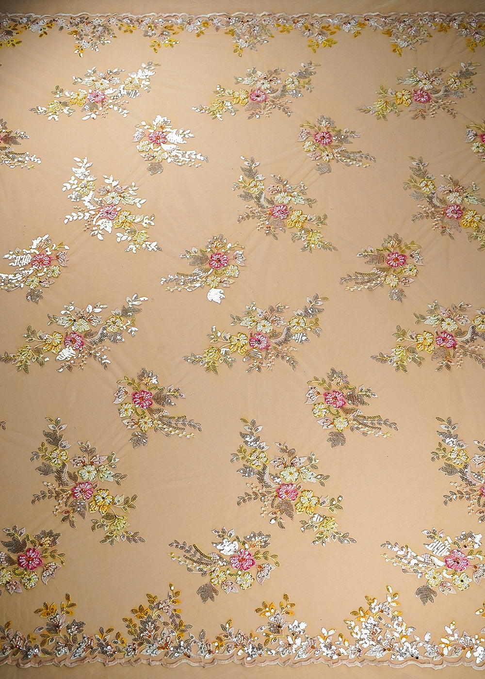 Off White Imported Net Fabric With All Over Sequins And Bead Work With Both Side Scaloped Edges 22013