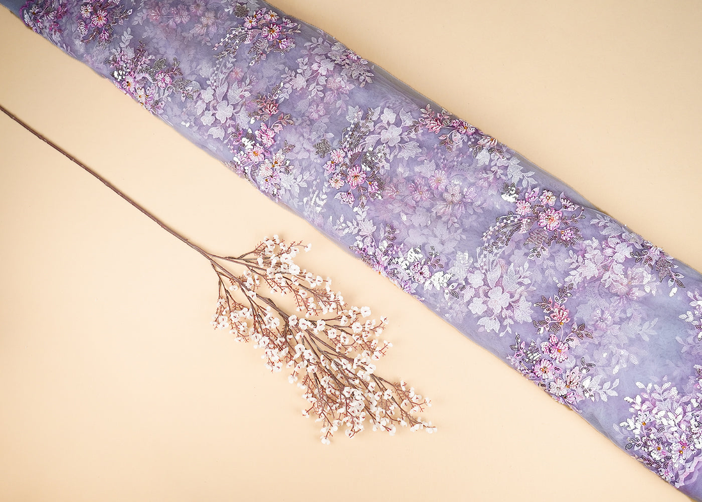 Lavender Imported Net Fabric With All Over Sequins And Bead Work With Both Side Scaloped Edges 22014