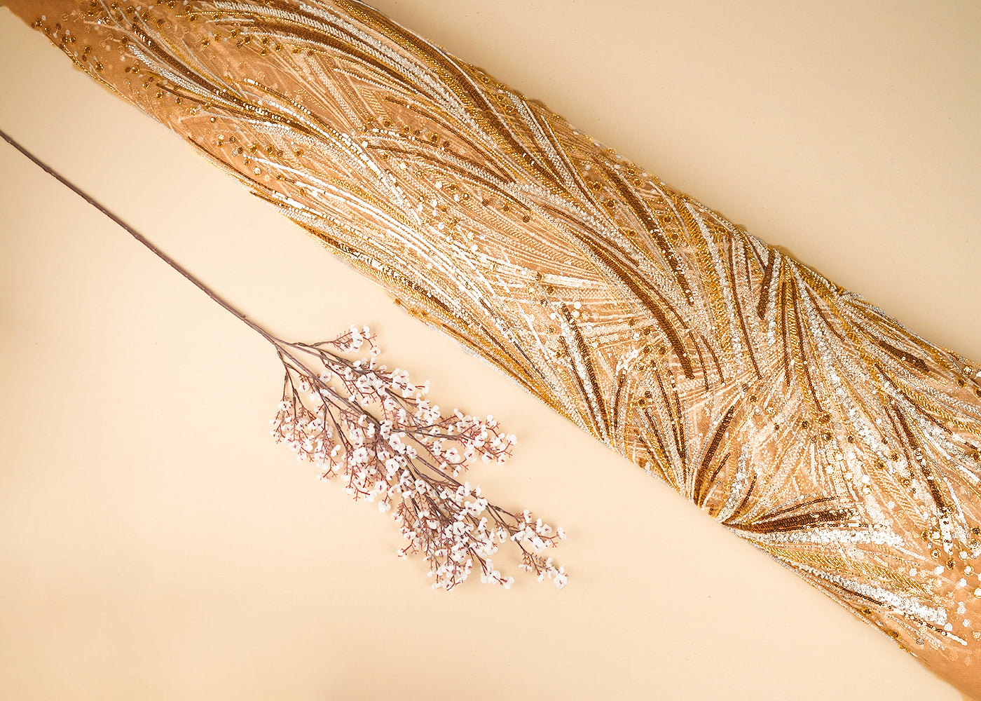 Golden Imported Net Fabric With All Over Sequins And Bead Work 22015